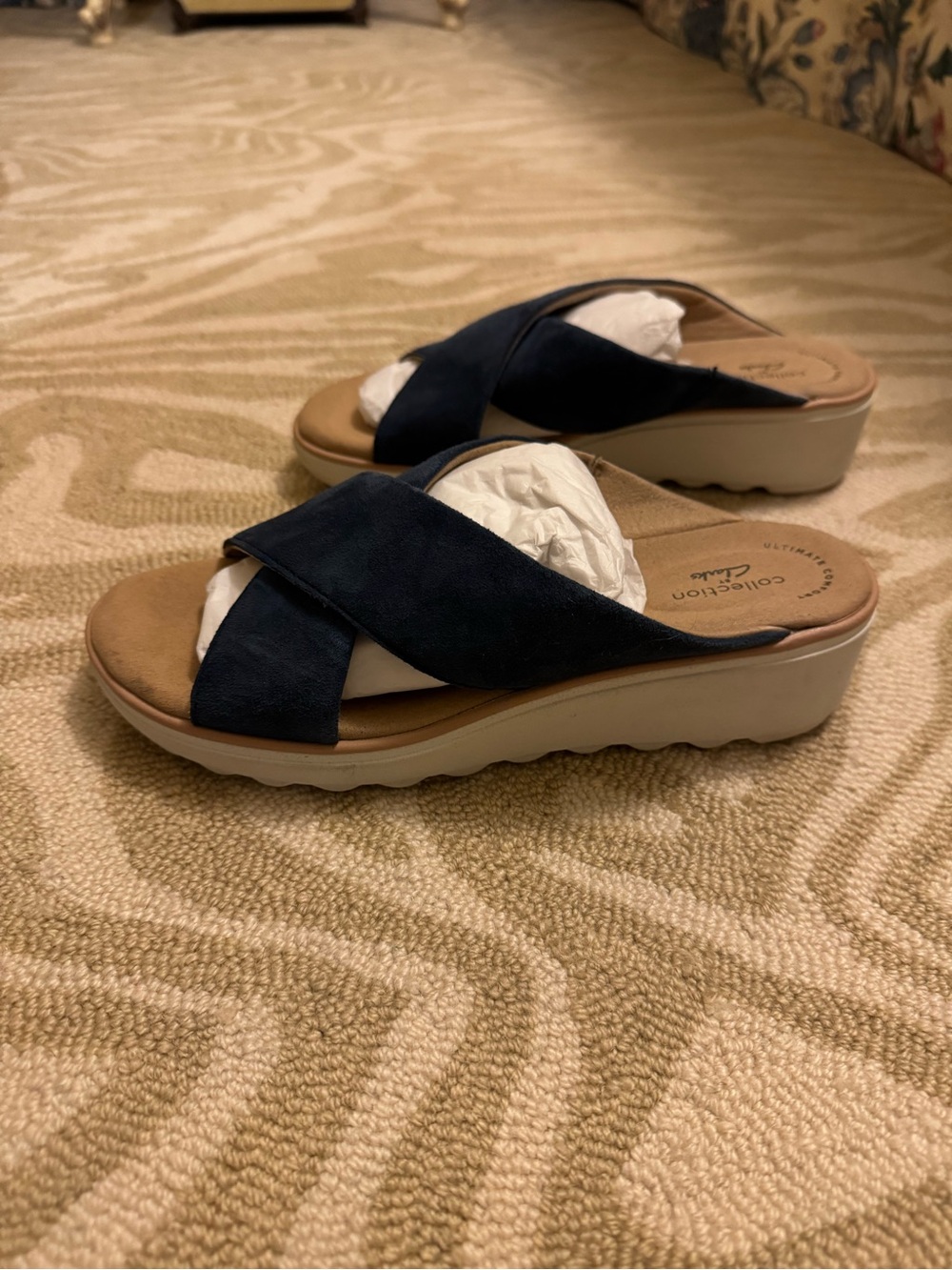 Clarks Women’s Navy Cross‑Strap Wedge Mule Sandals